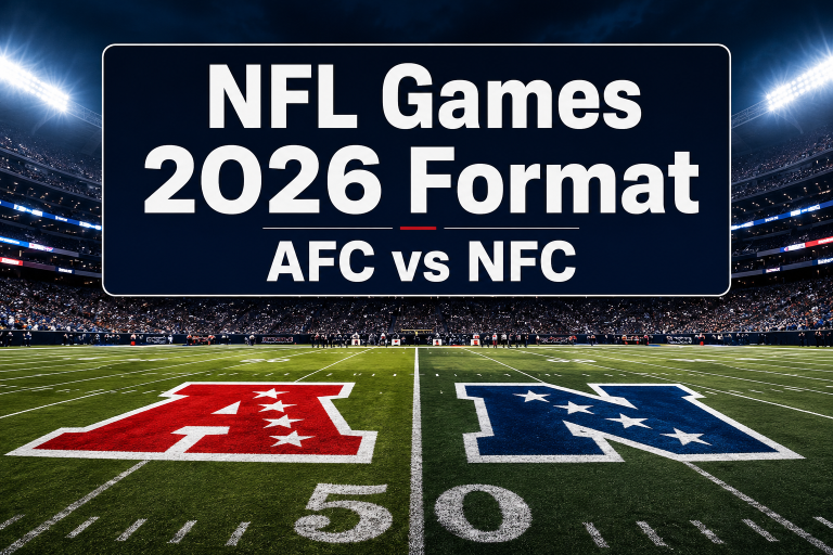 Professional () hero image featuring 'NFL Games 2026 Format AFC vs NFC' in white on a dark navy panel, centered in upper